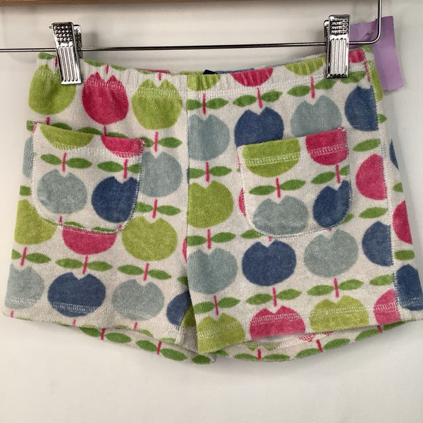 Size 7-8: Mini Boden White/Colorful Apple Print Terry Cloth Shorts