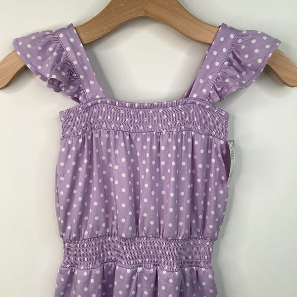 Size 7: Picapino Purple/White Polka Dot Ruffle Tank Short Romper