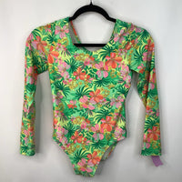 Size XS: Green/Pink Floral Open Back Long Sleeve 1pc Swimsuit