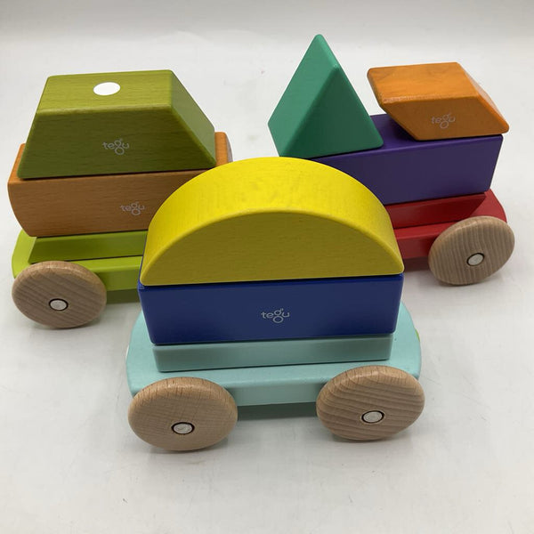 Tegu Colorful Assorted Magnetic Wooden 10pc Building Block Car Set