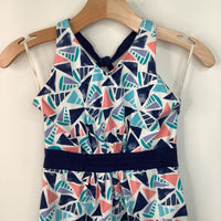 Size 10: Tea Blue/White/Pink Abstract Shapes Halter Dress