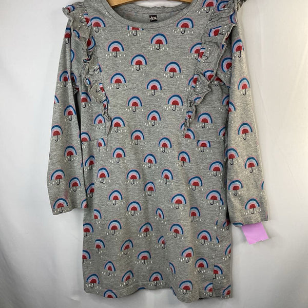 Size 6: Tea Grey/Rainbow Umbrellas Ruffle Trim Long Sleeve Dress