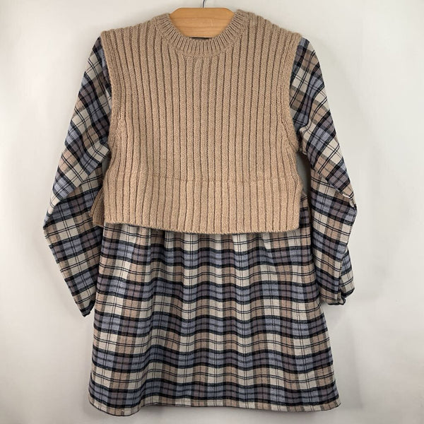 Size 5-6: Zara Tan/Blue Checkered Sweater Vest Dress-NEW W/Tag