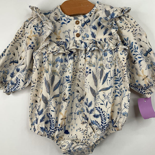 Size 3-6m: Next Baby Creme/Blue Leaf Print Corduroy Long Sleeve Onesie
