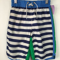 Size 6-7 (120): Hanna Andersson Blue/Green Striped Drawstring Swim Trunks