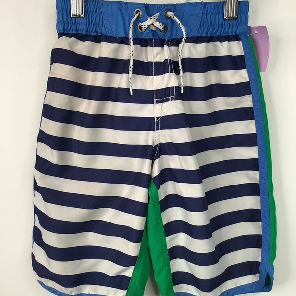 Size 6-7 (120): Hanna Andersson Blue/Green Striped Drawstring Swim Trunks