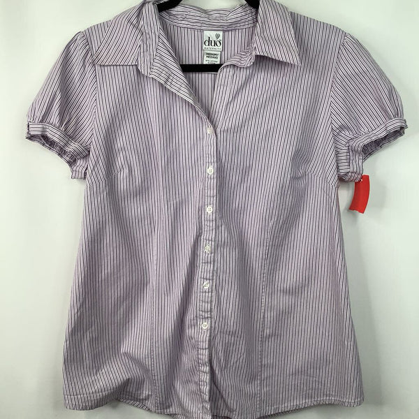 Size M: DuoMaternity Purple Striped Cup Sleeve Button Up Shirt