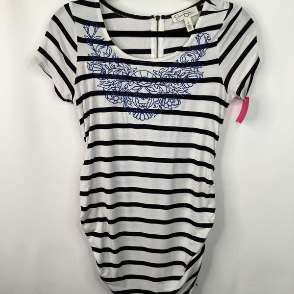 Size S: Jessica Simpson Black/White Striped Blue Floral Short Sleeve Shirt