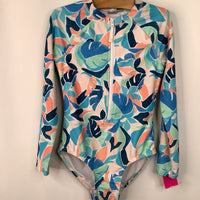 Size 8: Old Navy Blue/Orange/Green Leaves Long Sleeve 1pc Swimsuit