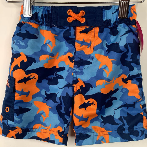 Size 2: UV Skinz Blue/Orange Shark Camo Drawstring Swimtrunks