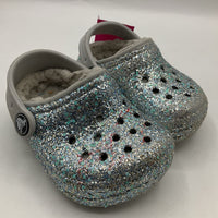 Size 4: Crocs Silver Sparkly Lined Slip On Ankle Strap Shoes