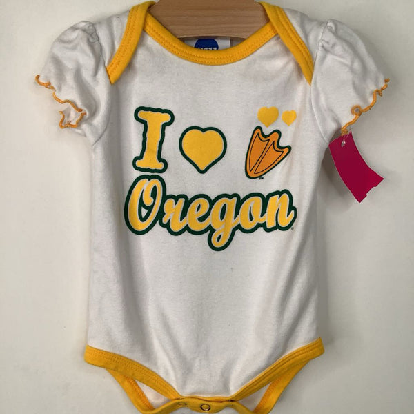Size 12m: NCAA White/Yellow/Green "I Love Oregon" Onesie