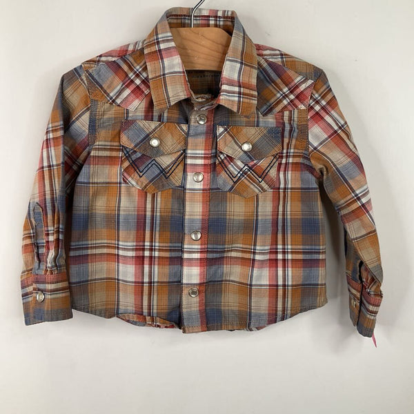 Size 6-9m: Wrangler Brown/Red/Blue Plaid Botton Up Shirt