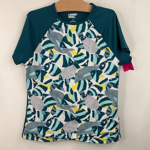 Size 10-12: Lands End Blue/White Fish Print Swim T-Shirt