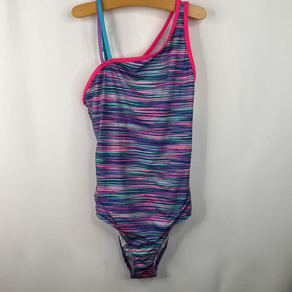 Size 14: Lands End Pink/Blue/Purple Striped 1pc Swimsuit