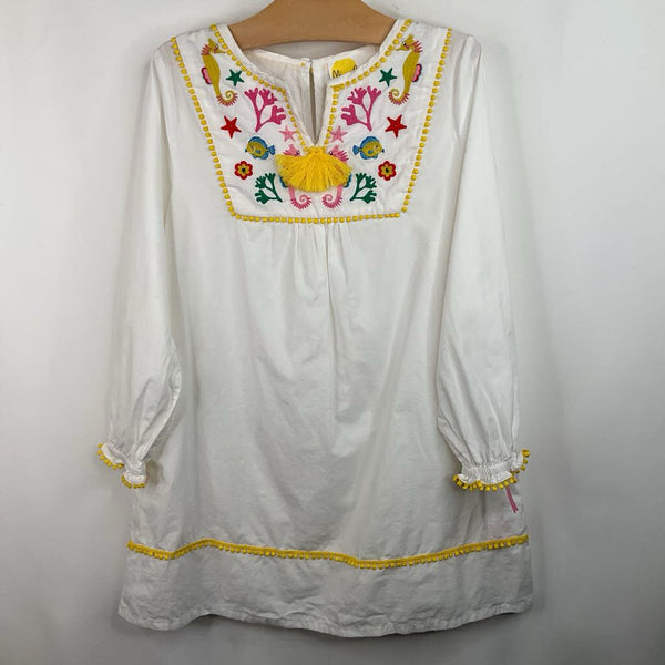 Size 6-7: Mini Boden White/Colorful Embroidered Sea Life Long Sleeve Dress