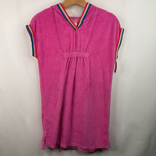 Size 10 (140): Hanna Andersson Pink/Rainbow Hooded Terry Cloth Short Sleeve Dress