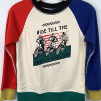 Size 8 (130): Hanna Andersson White/Red/Blue "Ride Till The Wheels Fall Off" Sweater