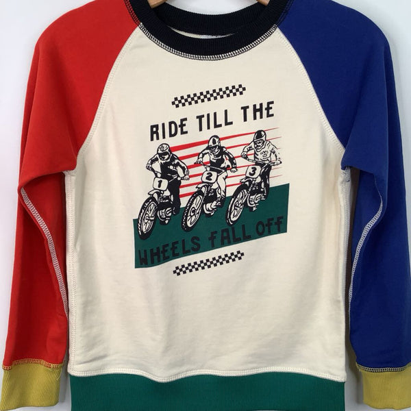 Size 8 (130): Hanna Andersson White/Red/Blue "Ride Till The Wheels Fall Off" Sweater