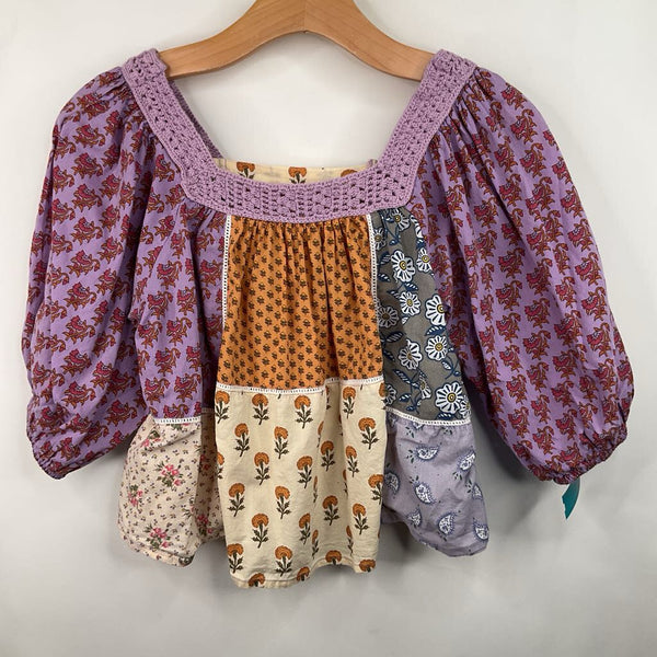 Size 13-14: Zara Purple/Orange/Grey Floral Color Blocked Short Sleeve Shirt
