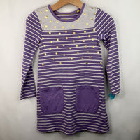 Size 7-8: Mini Boden Purple/White Striped/Golden Polka Dots Long Sleeve Dress