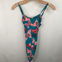 Size 12 (150): Hanna Andersson Teal/Pink/Green Butterflies 1pc Swimsuit