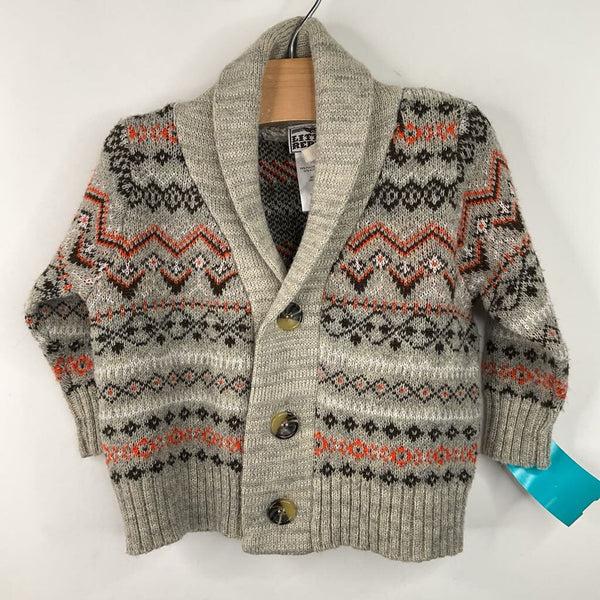 Size 12m: Little Rebels Grey/Orange/Brown Patterned Knitted Button-Up Cardigan