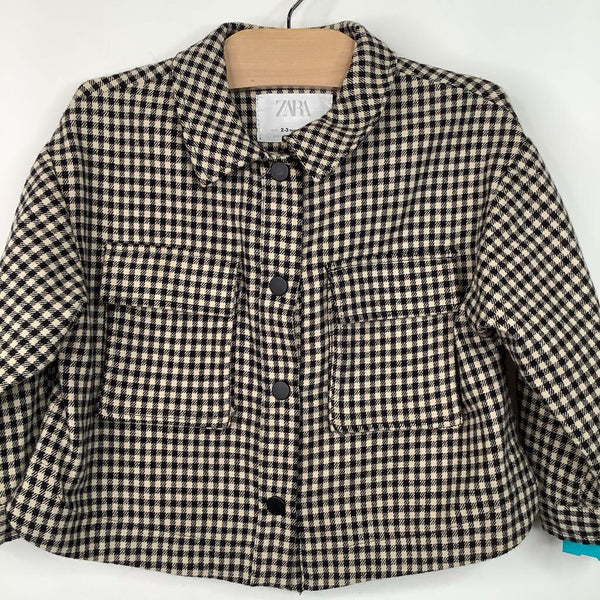 Size 2-3: Zara Creme/Black Checkered Collared Button-Up Long Sleeve Shirt