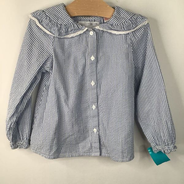 Size 4-5: Zara White/Blue Striped Collared Button-Up Long Sleeve Shirt