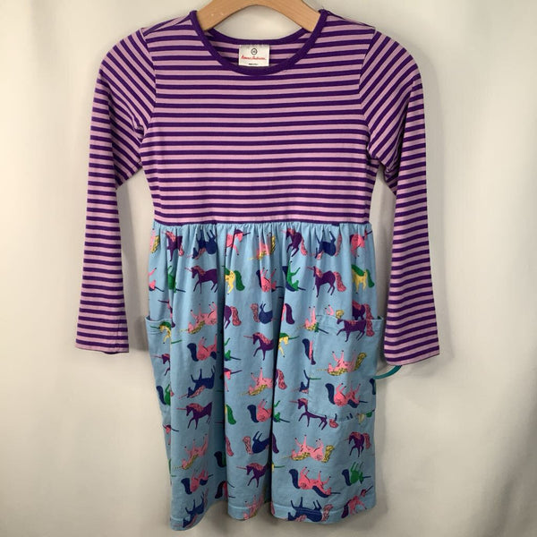 Size 10 (140): Hanna Andersson Purple Striped/Blue Unicorn Print Long Sleeve Dress