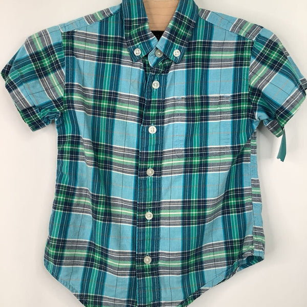 Size 2: Crewcuts Blue Plaid Collared Button-Up Long Sleeve Shirt