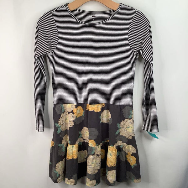 Size 12: Tea Blue & White Striped/Painted Floral Long Sleeve Dress