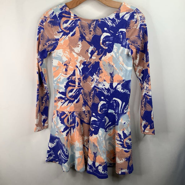 Size 12: Tea Blue/Orange/Brown Splattered Long Sleeve Dress