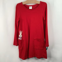 Size 6-7 (120): Hanna Andersson Red Bunny Pocket Long Sleeve Dress
