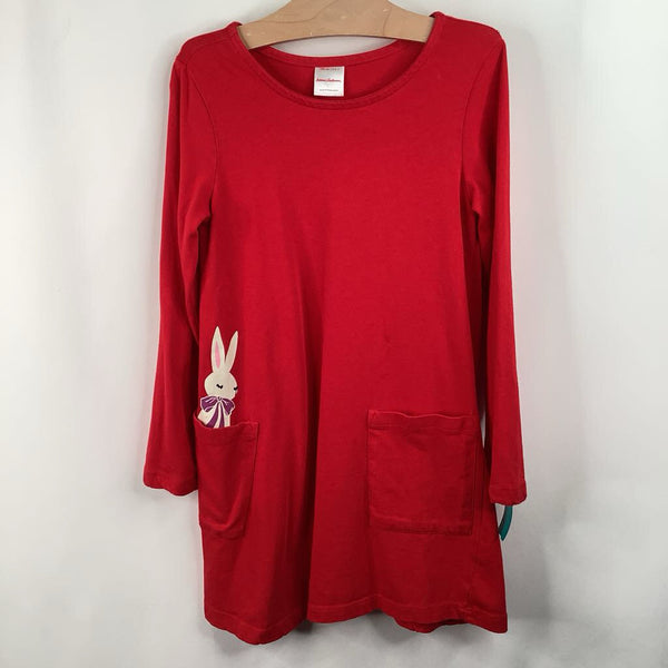 Size 6-7 (120): Hanna Andersson Red Bunny Pocket Long Sleeve Dress