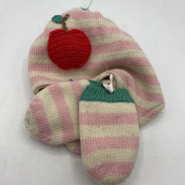 Size 6-12m: Baby Boden Creme/Pink Striped Knitted Hat & Mittens