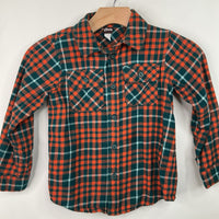 Size 7: Tea Green/Orange Plaid Collared Button-Up Long Sleeve Shirt