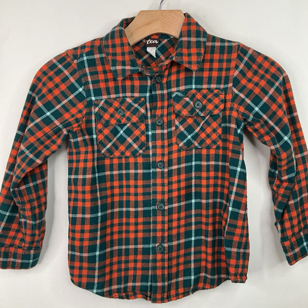 Size 7: Tea Green/Orange Plaid Collared Button-Up Long Sleeve Shirt