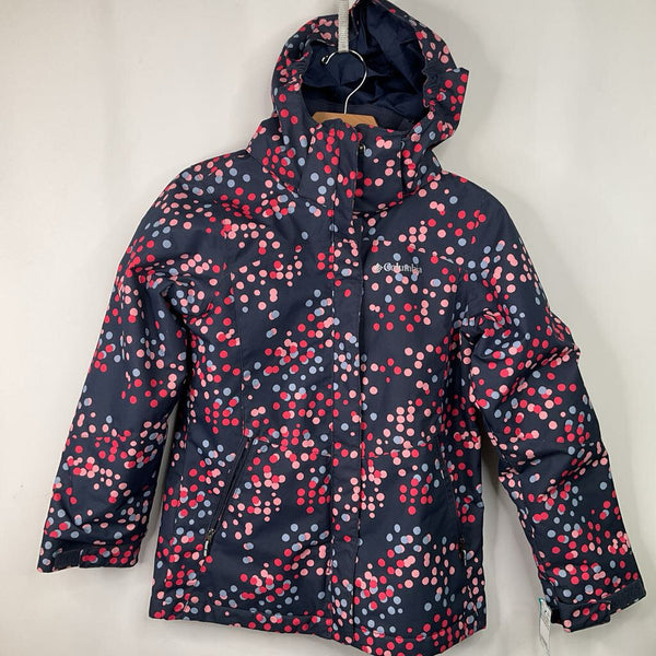 Size 10-12: Columbia Omni-Heat Navy Blue Pink Polka Dot Hooded Zip-up Coat