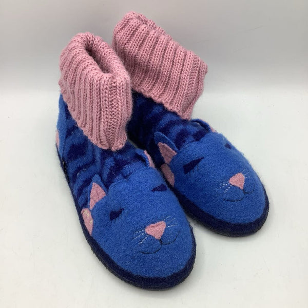 Size 3Y: Garnet Hill Blue/Pink Cat Wool Slippers