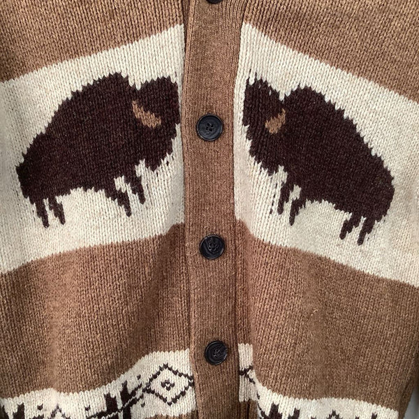 Size 10-12: Lands End Brown Bison Print Button-Up Knitted Cardigan