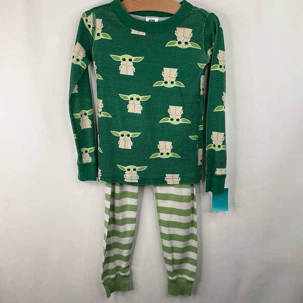Size 5 (110): Hanna Andersson Green White Striped Grogu 2pc Pjs