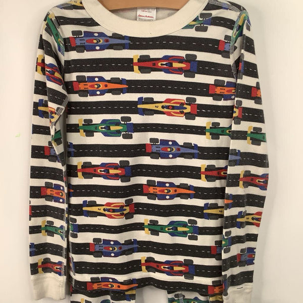 Size 8 (130): Hanna Andersson White/Colorful Race Car Print 2pc PJs