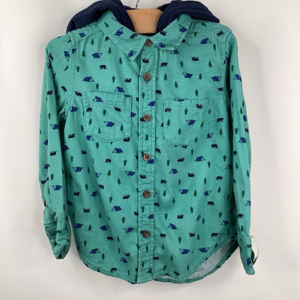 Size 4-5: Lands' End Blue Camping Print Button Up Hooded Long Sleeve Shirt