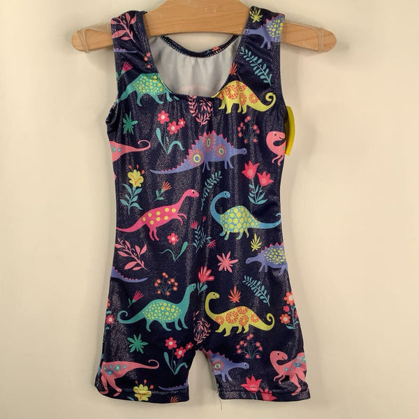 Size 4: Blue Colorful Dinosaur Sparkly Short Leotard
