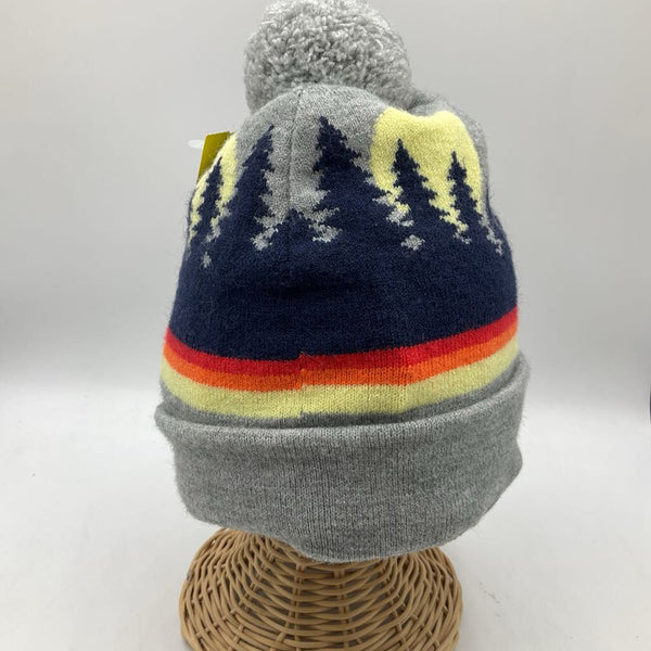 Size L: Grey Sunset Print Knitted Beanie W/Pom Pom