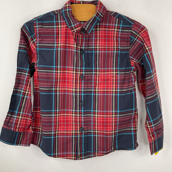 Size 3: Tea Red/Blue Plaid Collared Button-Up Long Sleeve Shirt