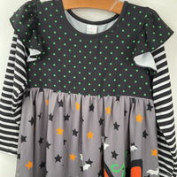 Size 6: Penelope Plum Grey/Black/Orange/Green Polka Dots & Stars Long Sleeve Dress