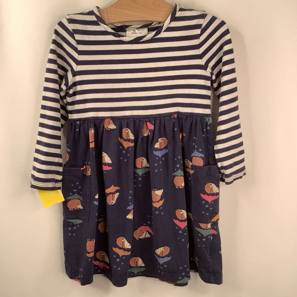 Size 4: Hanna Andersson Navy White Striped Upper Blue Hedgehog Umbrellas Lower w/Pockets Long Sleeve Dress
