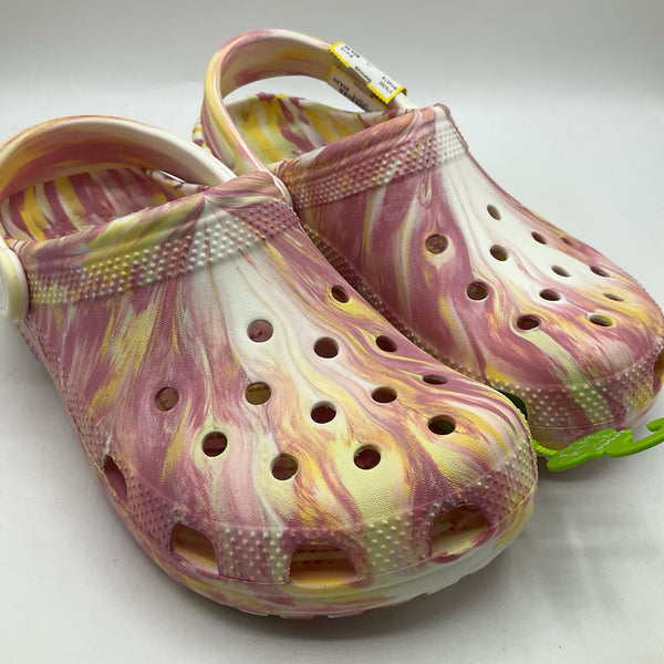 Size 6Y: Crocs Pink/Yellow Tie Dye Adjustable Strap Shoes -NEW